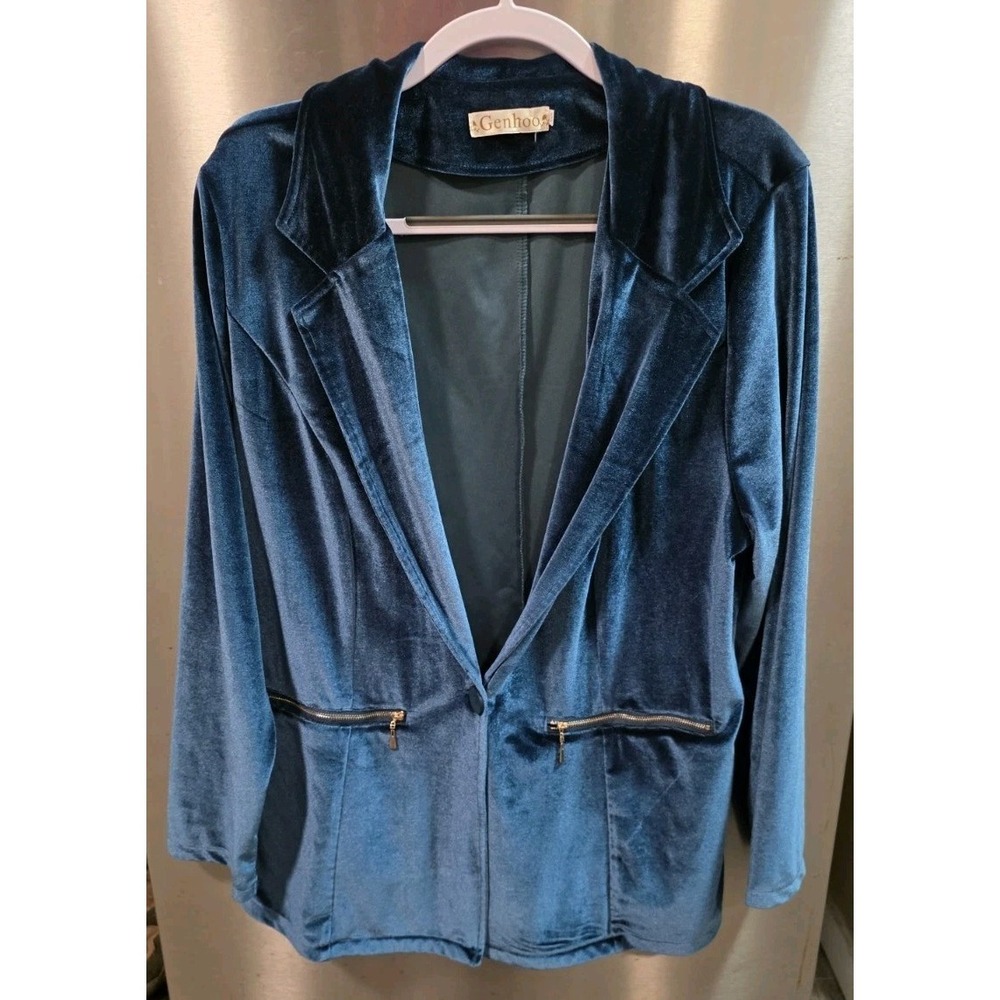 Genhoo Womens 2X Crushed Velvet Blazer Teal Blue Gold Zip Pockets One Button